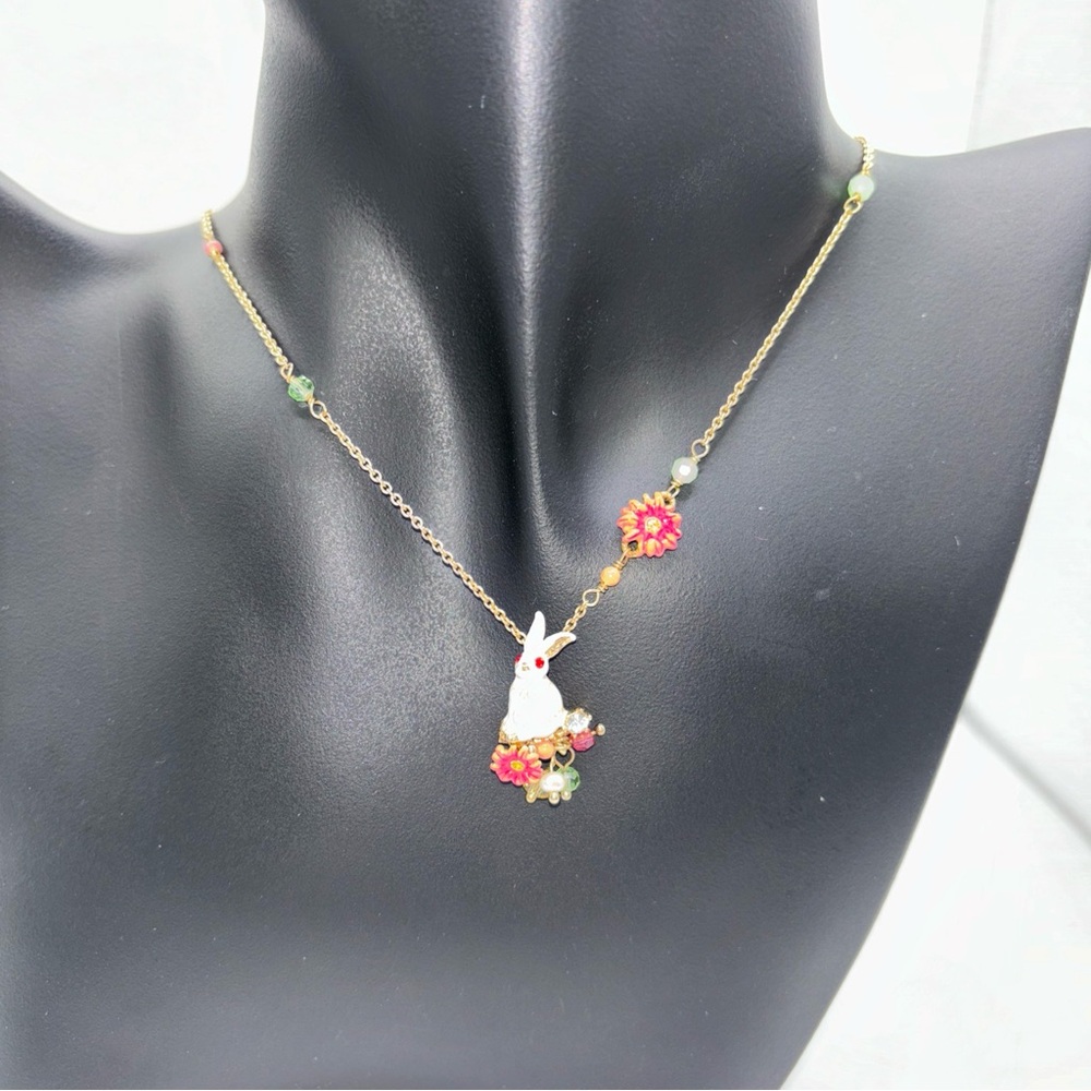 Les Nereides Gold Tone Bunny Necklace with Enamel Flowers and Crystals